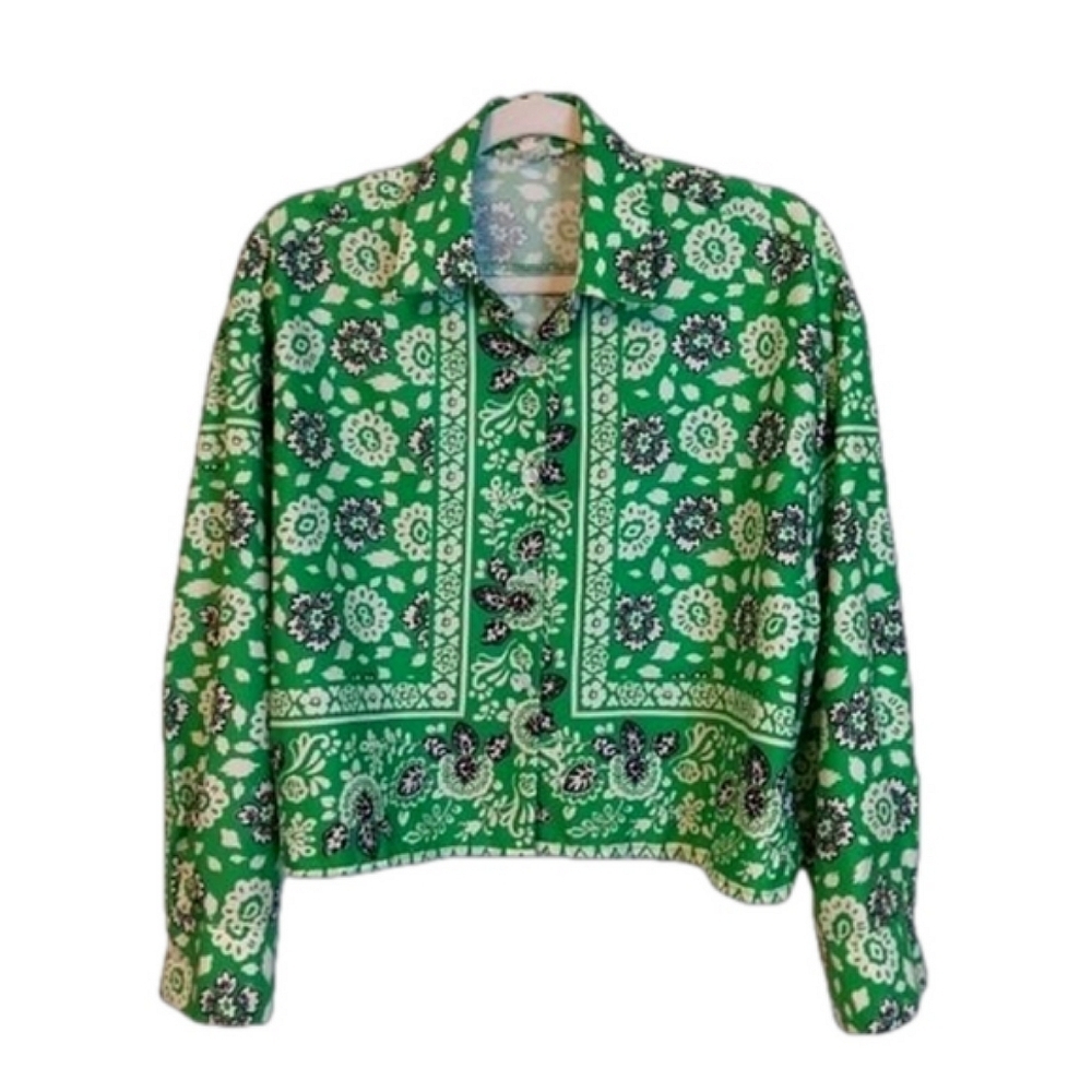 Kelly Green Retro Print‎ Oversized Cropped Boxy Silky Button Front Shirt S